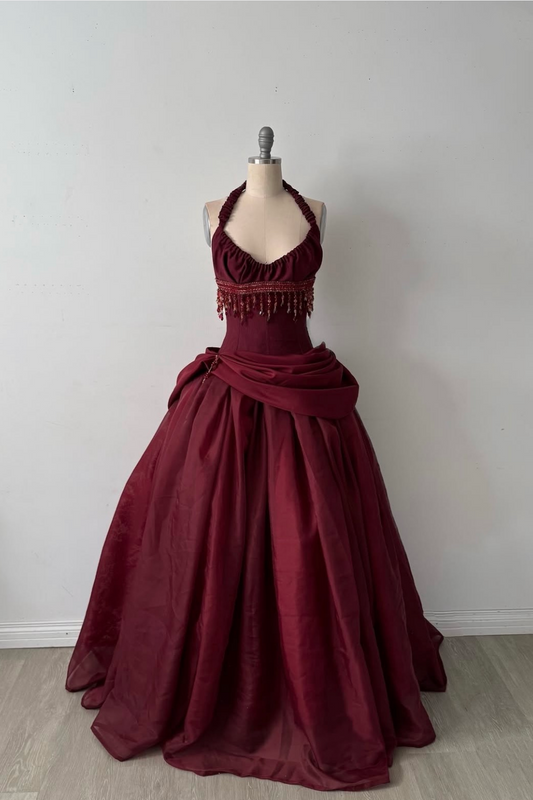 Burgundy vintage long beaded dress gh6643