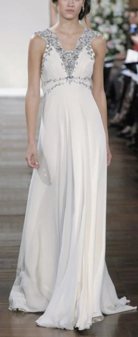 girlhomeshops-Cream Chiffon Sleeveless Floor-Length Beaded Evening Gown gh6309