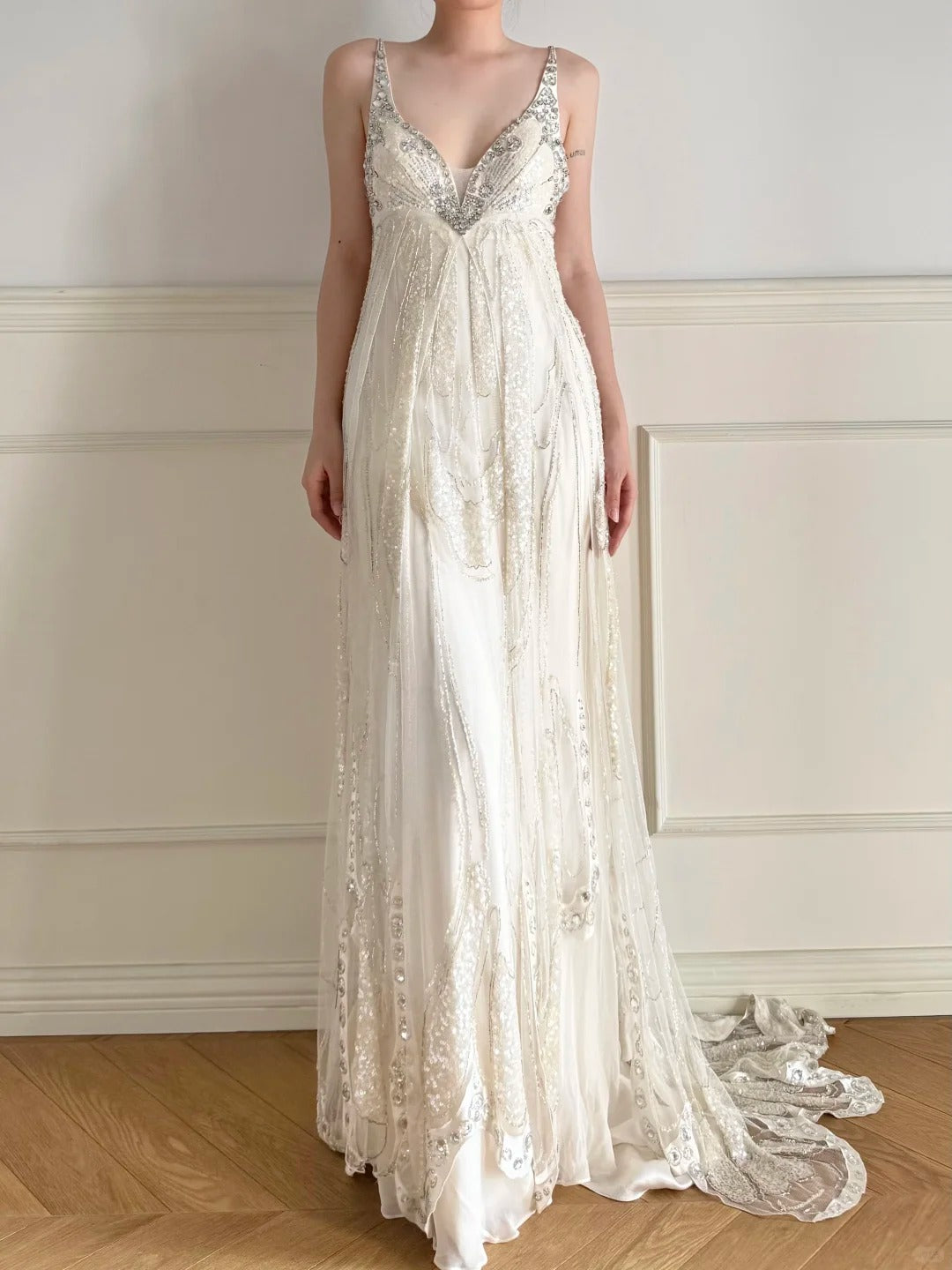 Girlhomeshops-Ivory White Long Beaded Sequin Chiffon Prom Dress Evening Dress Party Dress gh5244