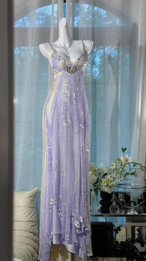 ✨Girlhomeshops-Beige Perlenbesetztes, exquisites, wunderschönes, langes Chiffon-Ballkleid, Abendkleid, Partykleid, gh4986