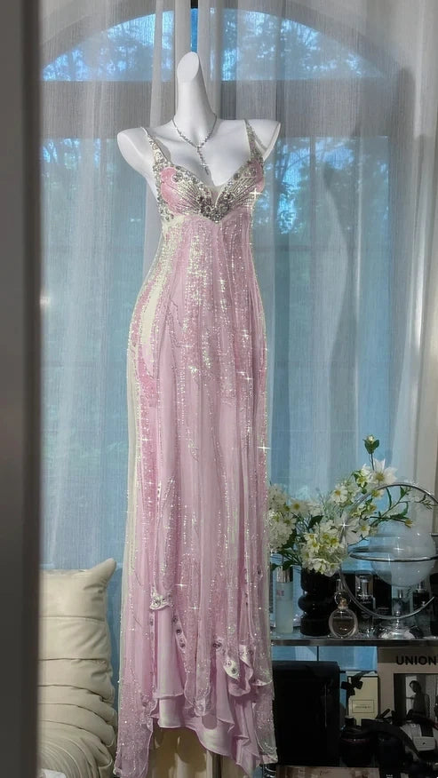 ✨Girlhomeshops-Beige Perlenbesetztes, exquisites, wunderschönes, langes Chiffon-Ballkleid, Abendkleid, Partykleid, gh4986