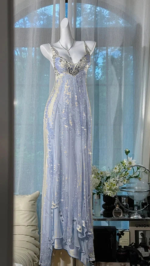 ✨Girlhomeshops-Beige Perlenbesetztes, exquisites, wunderschönes, langes Chiffon-Ballkleid, Abendkleid, Partykleid, gh4986