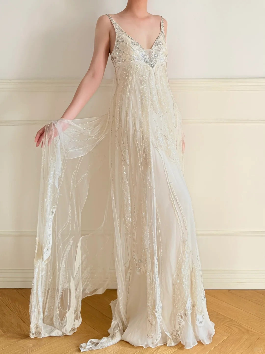 Girlhomeshops-Ivory White Long Beaded Sequin Chiffon Prom Dress Evening Dress Party Dress gh5244