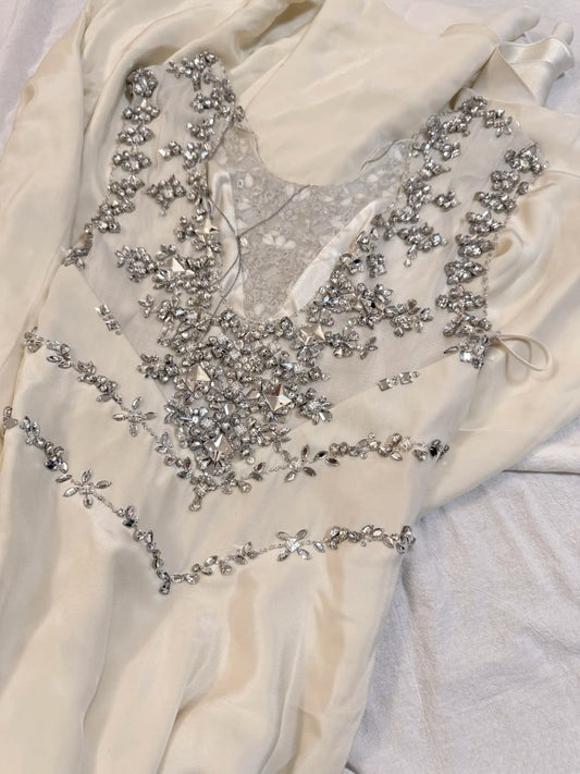 girlhomeshops-Cream Chiffon Sleeveless Floor-Length Beaded Evening Gown gh6309