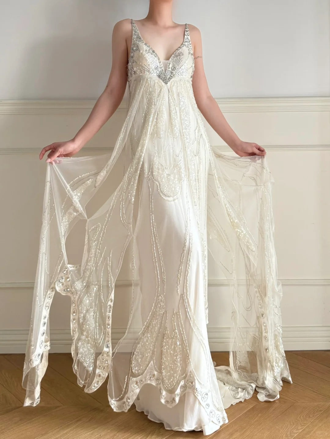 Girlhomeshops-Ivory White Long Beaded Sequin Chiffon Prom Dress Evening Dress Party Dress gh5244