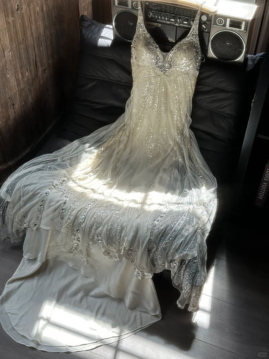 Girlhomeshops-Ivory White Beaded Butterfly Beaded Chiffon Tulle Long Prom dress Evening Dress Birthday Party Dress Fairy Dress gh5168