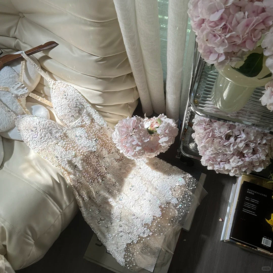 Ivory White Beaded Shiny Sequin Short Chiffon Homecoming Dress Prom Dress Party Dress gh4623