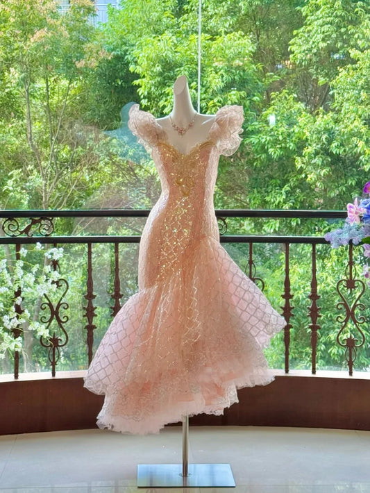 Girlhomeshops-Pink Gorgeous Elegant Shiny Long Mermaid Tulle Quinceanera Dresses Ball Gown Graduation Dress Princess gh5003