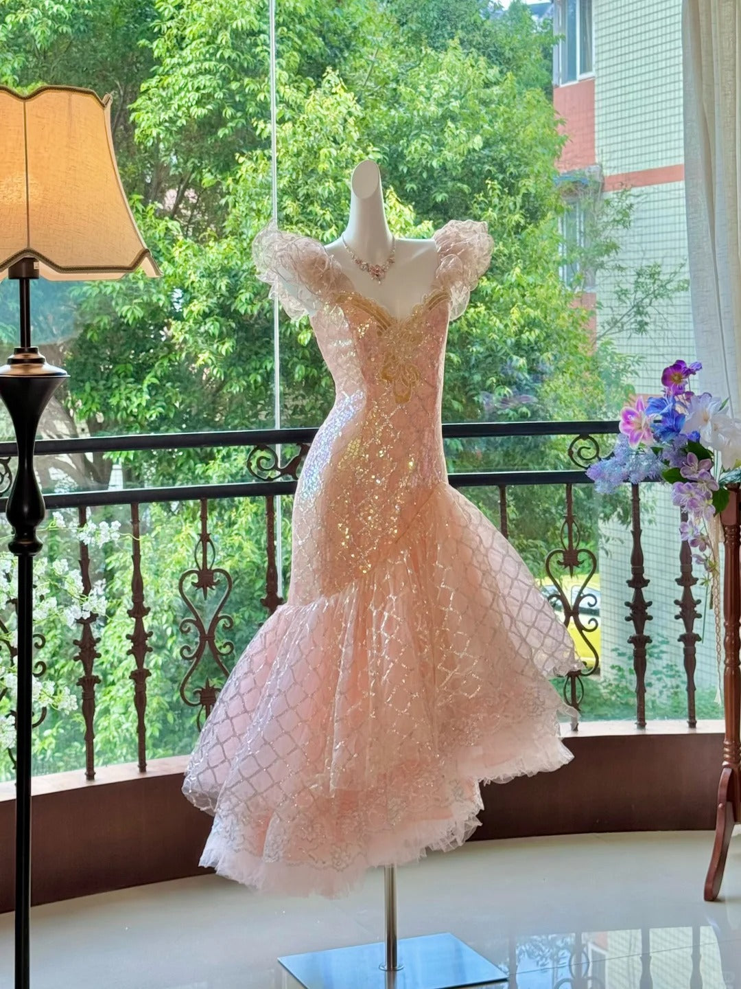 Girlhomeshops-Pink Gorgeous Elegant Shiny Long Mermaid Tulle Quinceanera Dresses Ball Gown Graduation Dress Princess gh5003