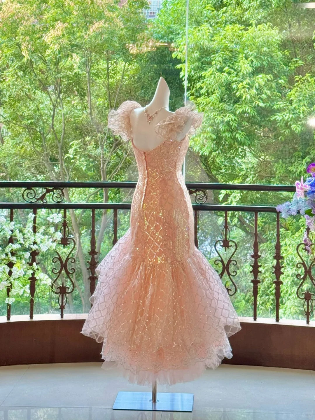 Girlhomeshops-Pink Gorgeous Elegant Shiny Long Mermaid Tulle Quinceanera Dresses Ball Gown Graduation Dress Princess gh5003