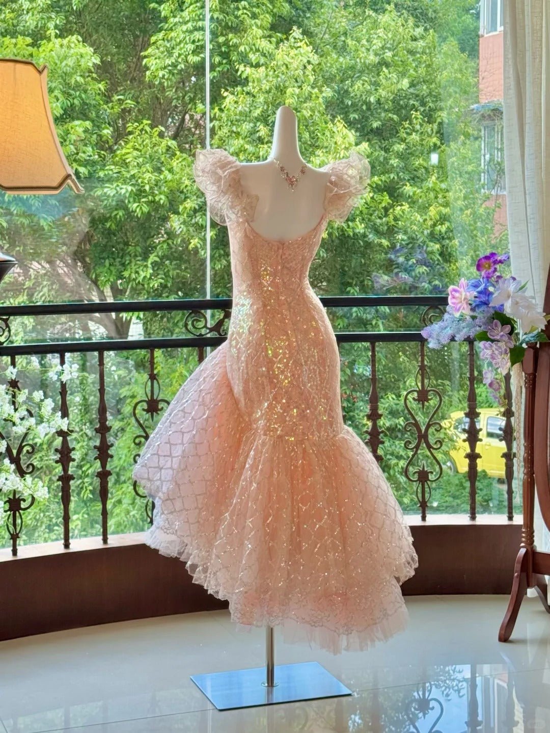 Girlhomeshops-Pink Gorgeous Elegant Shiny Long Mermaid Tulle Quinceanera Dresses Ball Gown Graduation Dress Princess gh5003