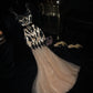 Champagne Black Floral Applique Long Satin Ball Gown Evening Dress gh4423