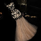 Champagne Black Floral Applique Long Satin Ball Gown Evening Dress gh4423