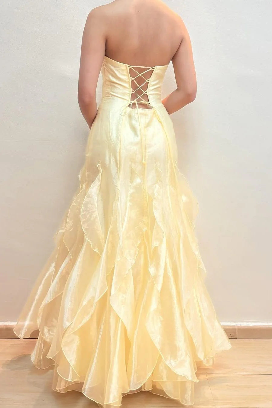 Yellow elegant fashion off-shoulder sleeveless tube top long chiffon ruffle formal prom dress evening dress party dress gh3480