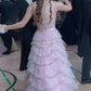 Pink shiny elegant off-shoulder sweet ruffle long tulle tiered ball gown, evening dress, party dress gh3536
