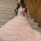 Pink shiny elegant off-shoulder sweet ruffle long tulle tiered ball gown, evening dress, party dress gh3536