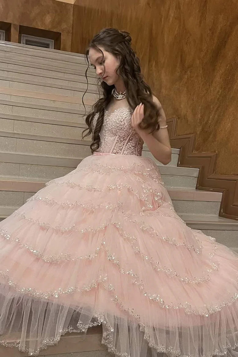 Pink shiny elegant off-shoulder sweet ruffle long tulle tiered ball gown, evening dress, party dress gh3536
