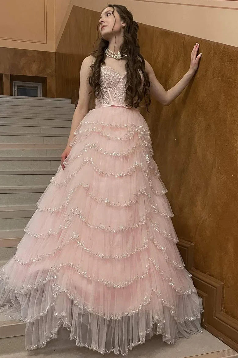 Pink shiny elegant off-shoulder sweet ruffle long tulle tiered ball gown, evening dress, party dress gh3536