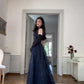 Robe de soirée élégante en tulle et dentelle, style vintage, bleu marine, sans bretelles, coupe trapèze, longue, gh3616