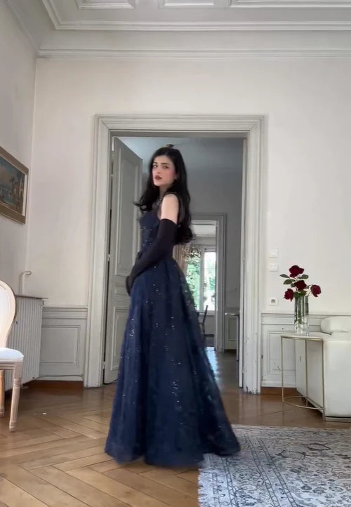 Robe de soirée élégante en tulle et dentelle, style vintage, bleu marine, sans bretelles, coupe trapèze, longue, gh3616