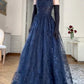 Robe de soirée élégante en tulle et dentelle, style vintage, bleu marine, sans bretelles, coupe trapèze, longue, gh3616