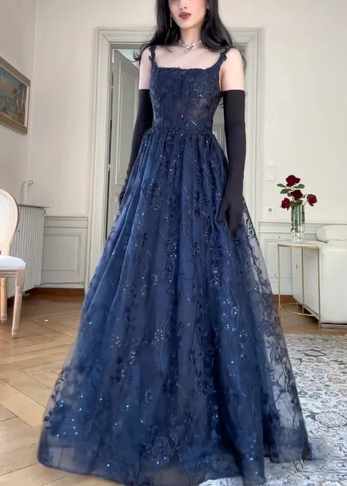 Robe de soirée élégante en tulle et dentelle, style vintage, bleu marine, sans bretelles, coupe trapèze, longue, gh3616