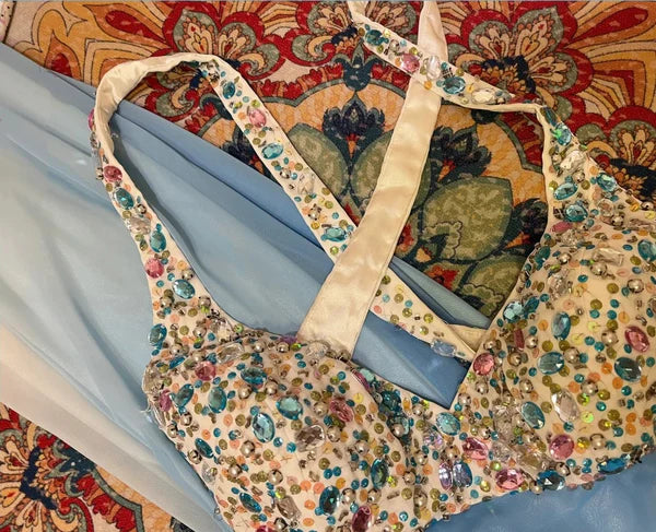 Blaues, regenbogenfarbenes, perlenbesetztes, langes Chiffon-Meerjungfrauen-Ballkleid, Abendkleid, Partykleid gh4437