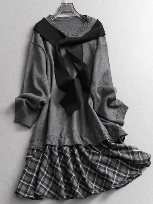Grey faux two-piece shawl long-sleeved plaid skirt knit sweater dress long-sleeved youthful women's dress 11323