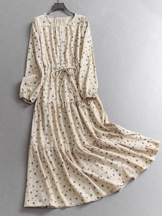 Daisy Corduroy Round Neck Puff Sleeve Drawstring Loose Long Women's Dress Shirt Dress French Style Dress 11315