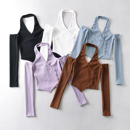 Asymmetrical hem, sexy halter neck, off-shoulder slim-fit long-sleeved T-shirt, women's spring/summer short top. 11396