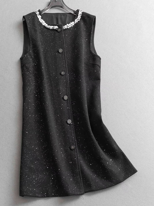 Black, rhinestone-embellished, style round neck button-down vest dress, tweed midi length, elegant women's dress. 11308