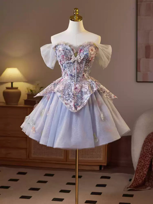 Blue purple short puffy homecoming dress party birthday party mesh French dress princess dress prom dress gh4604