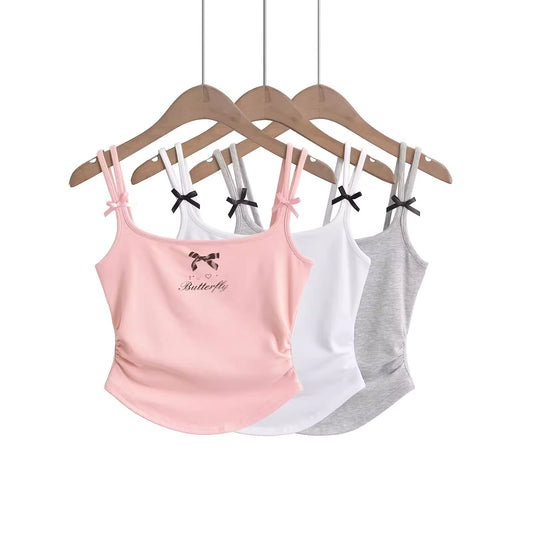 Thai-style sexy bow print camisole for women, summer dopamine sweet and spicy outerwear, short ruched slim fit vest 11404