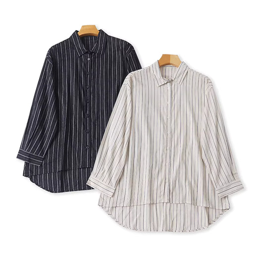 Spring/Summer Striped Long-Sleeved Shirt for Women, Loose Fit, Shorter Front and Longer Back, Slimming, Elegant Shirt Top, Casual Shirt  11381