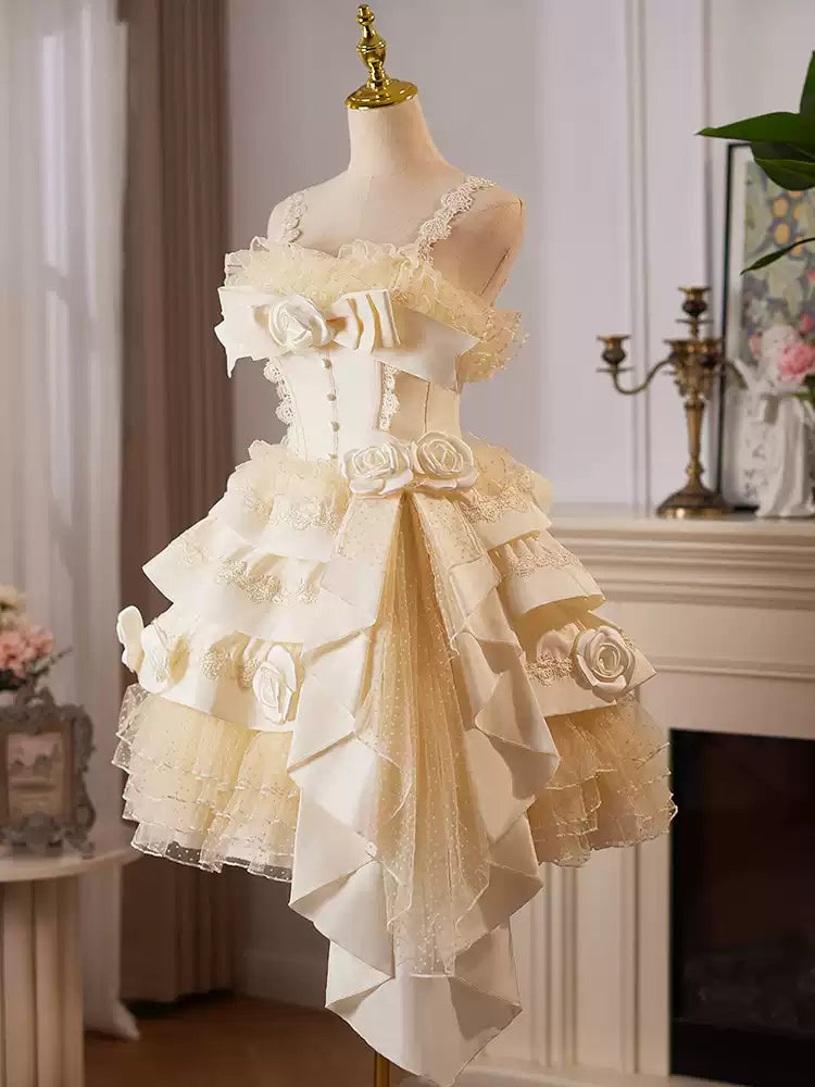 Gelbes kurzes Heimkehrkleid Lolita-Prinzessinnenkleid leichtes Luxus-Kuchenkleid Geburtstagsparty-Tanzkleid gh4607