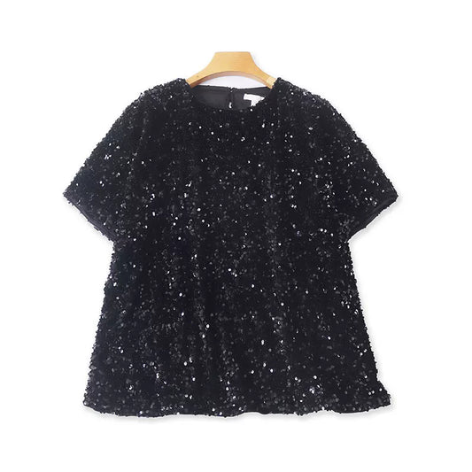 Stylish and sophisticated sequined short-sleeved T-shirt, sparkling and stylish for parties and evening events. 11385