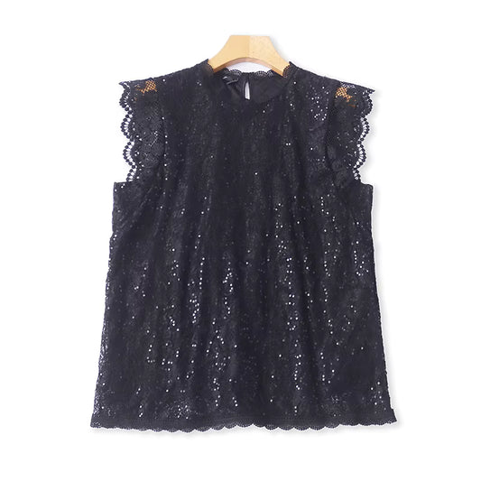Summer fashion sequined lace top with lace sleeves, elegant and sparkly vest top, slimming for women.  11378