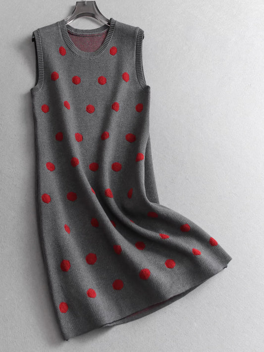 Color-blocked polka dot slimming round neck sleeveless knit sweater dress, gentle and youthful vest dress for women. 11305