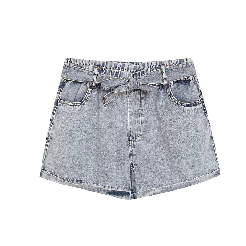 Summer washed distressed 100% cotton elastic waist denim shorts with pockets, casual wide-leg A-line jeans  11374