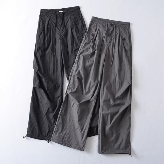 American-style hot girl loose drawstring mid-waist cargo pants women's spring and summer new retro straight leg wide-leg pants quick-drying floor-length pants 11395