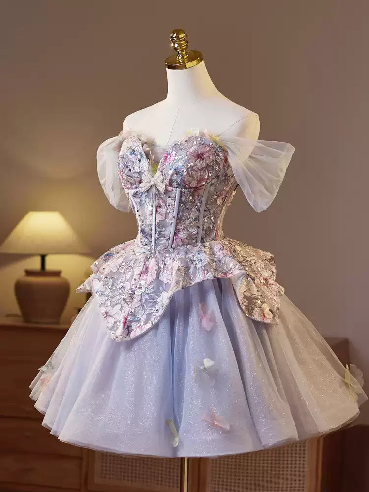 Blue purple short puffy homecoming dress party birthday party mesh French dress princess dress prom dress gh4604