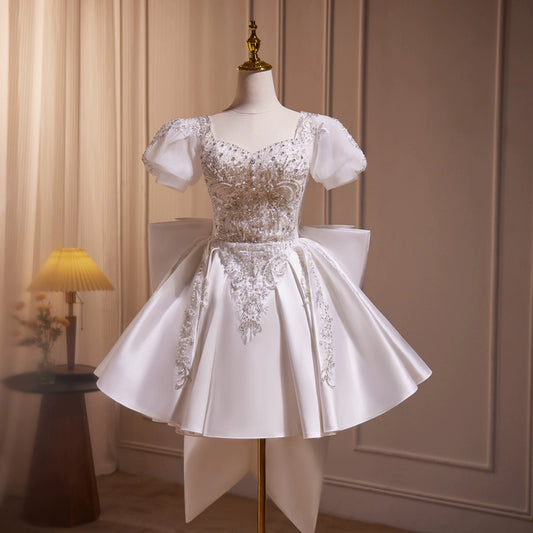 White beaded puffy short homecoming dress wedding dress party dress birthday party dress light wedding dress princess gh4606