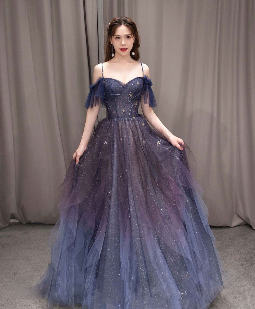 Robe de bal longue en tulle dégradé violet, magnifique robe de soirée trapèze gh2643