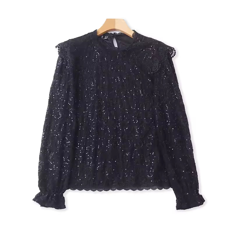 Spring and Autumn Style Lace Sequin Long-Sleeved Shirt Women's Clothing Sweet and Sparkling Blouse Lace Top  11376