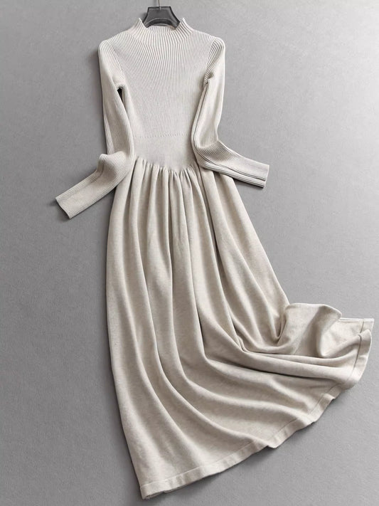 Elegant and sophisticated high-neck knitted stretch slim-fit long-sleeved sweater dress, perfect for layering under a base dress  11300