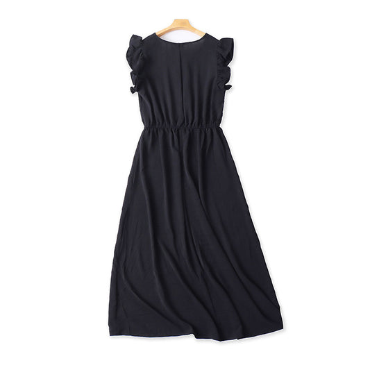 Summer Ruffled Sleeve V-Neck High Waist Dress Women's Elegant and Slimming Long Dress Vacation Beach Dress  11389