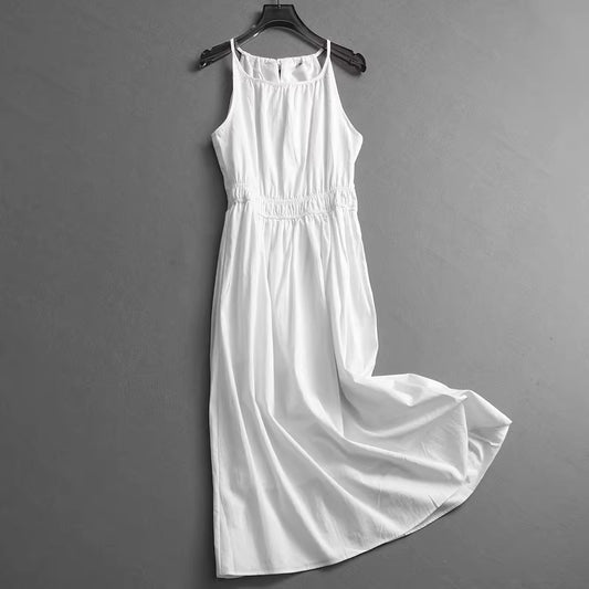 Solid color pleated waist tie halter neck sleeveless sundress beach vacation dress vest dress dress  11301