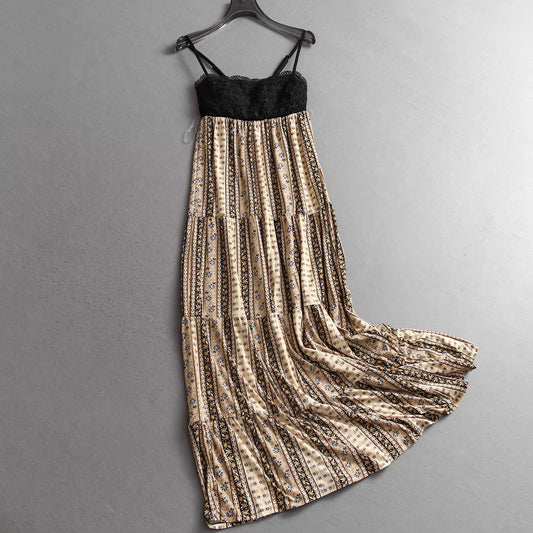 Hollow-out crochet patchwork strapless maxi dress with bra pads, vacation style, slimming A-line women's dress 11337