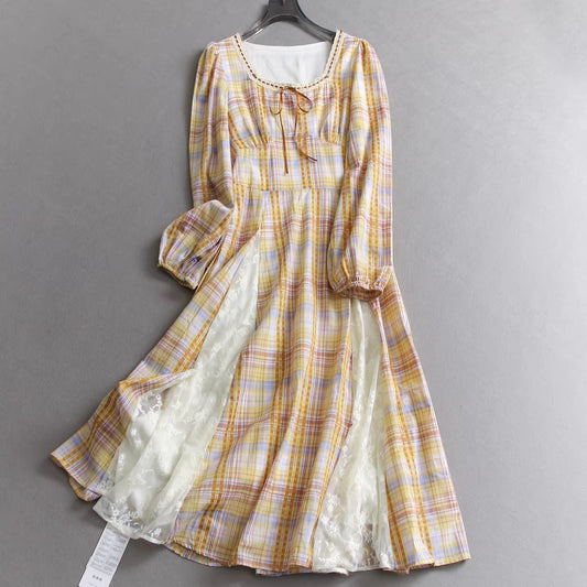 Plaid Slimming Waist Square Neck Lace Trim Autumn New Long Sleeve Elegant Long Dress for Women 11327