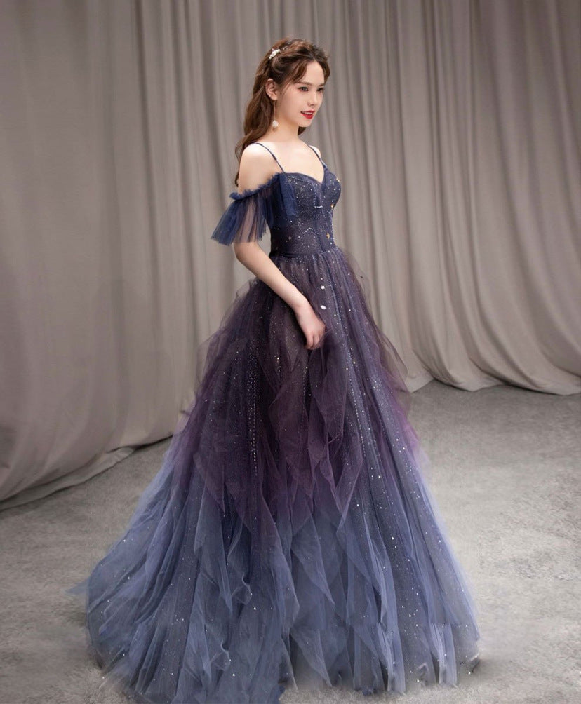 Robe de bal longue en tulle dégradé violet, magnifique robe de soirée trapèze gh2643